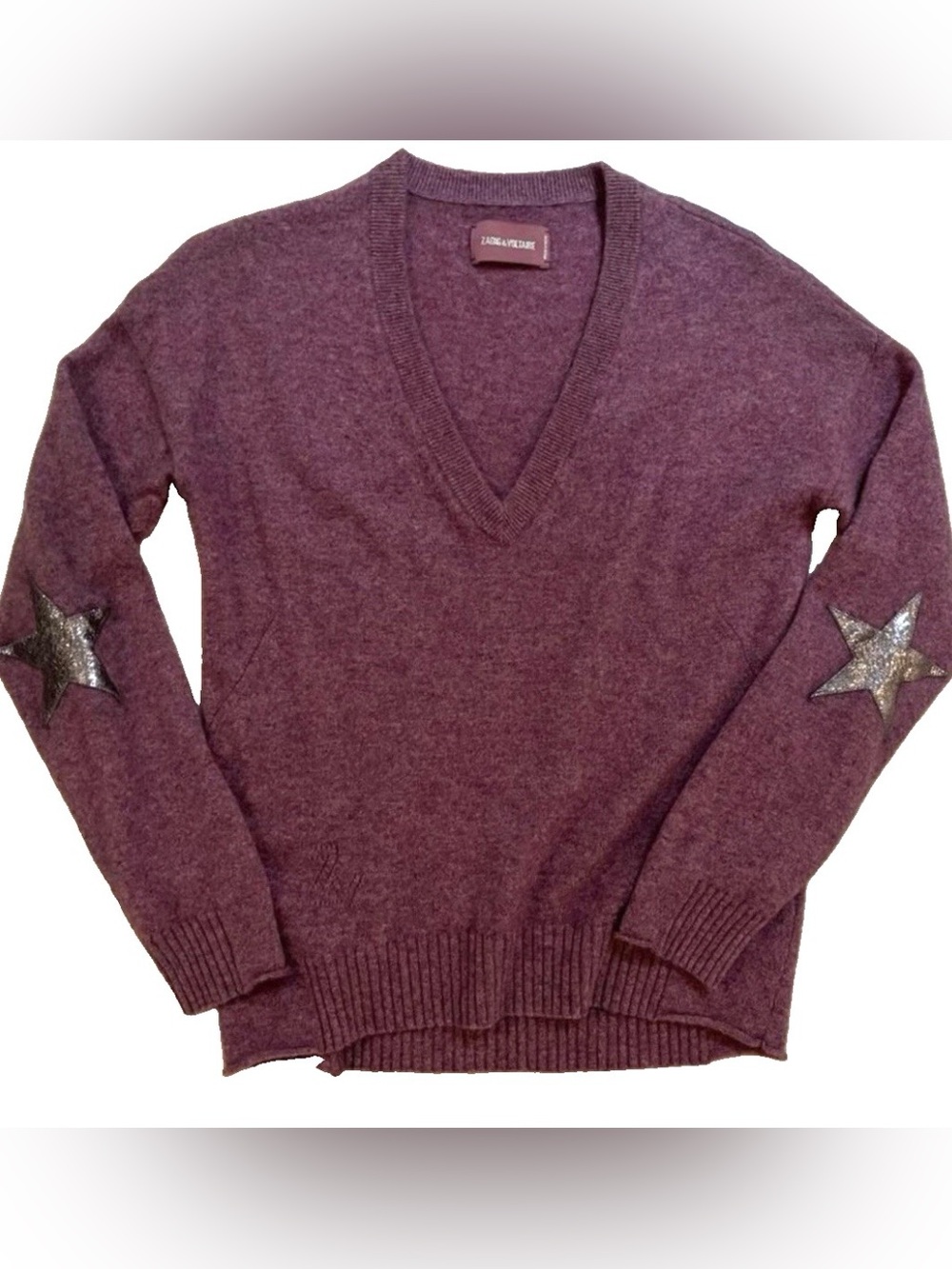 Zadig & Voltaire Vivi Patch Sweater 100% Cashmere V-neck with silver star elbow